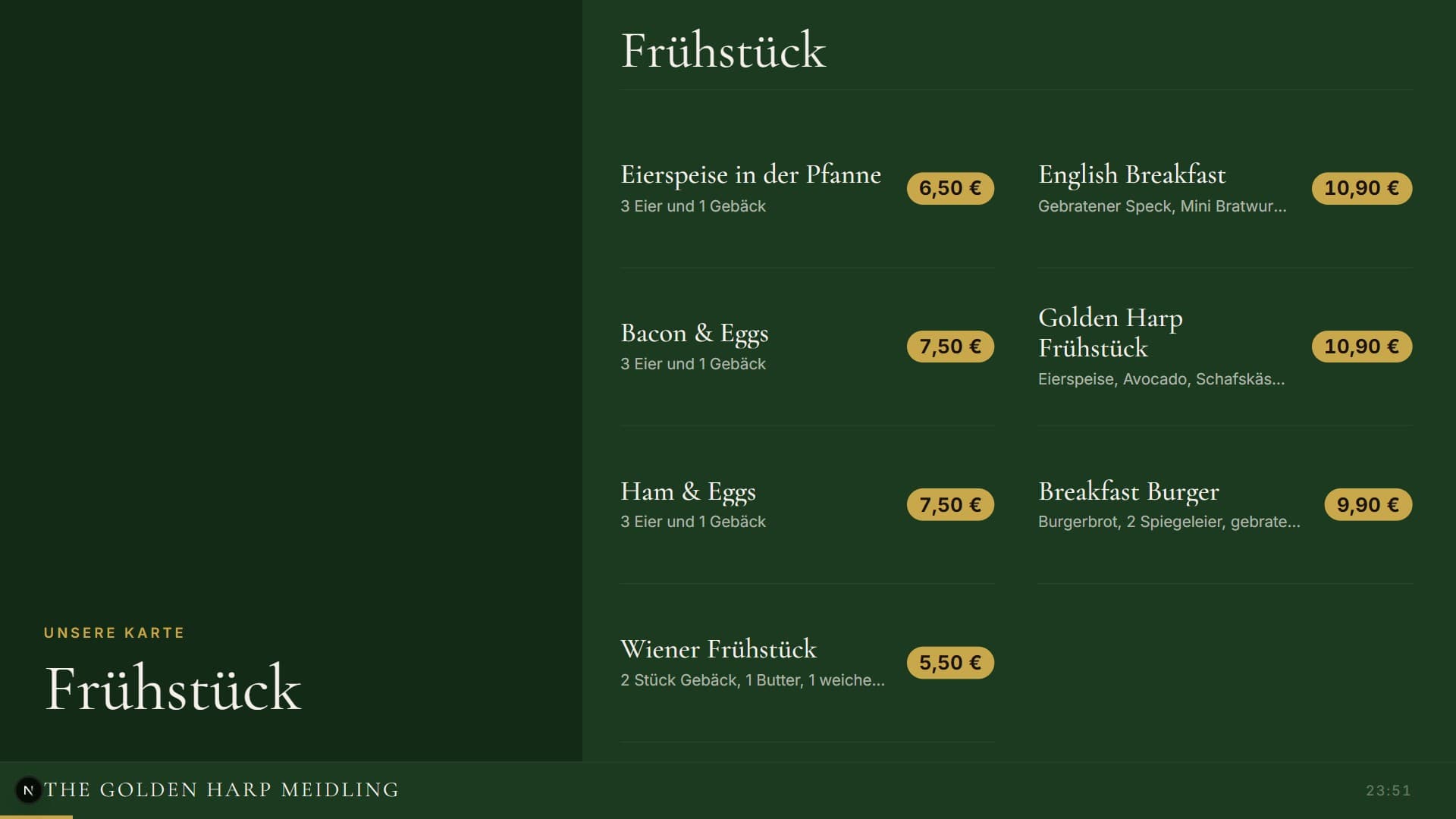 Menütafel eines Lokals ohne Fotos, in großer Schrift mit Preisen